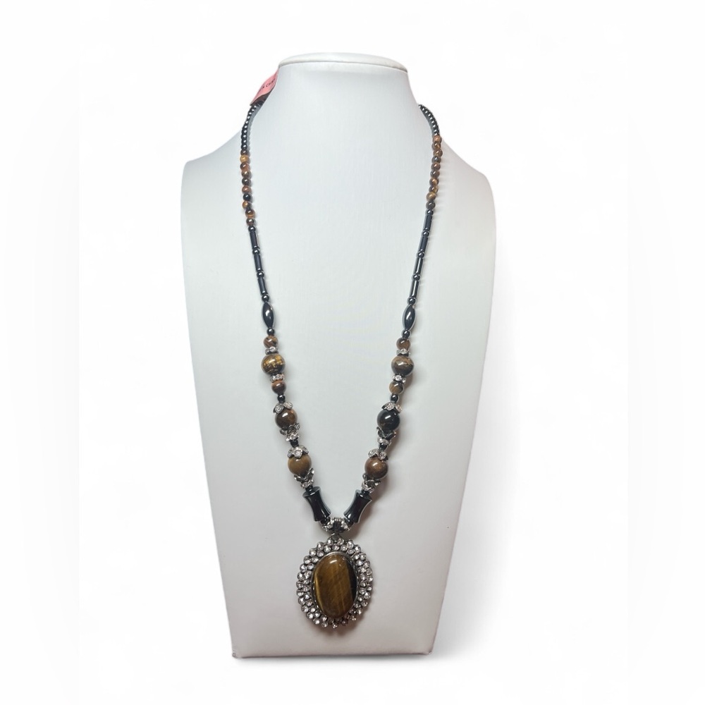 Tiger's Eye Statement Necklace Rhinestone Oval Pendant Hematite Beaded Chunky